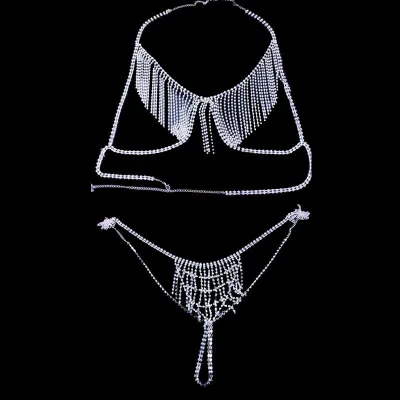 Trendy Multilayer Chain Rhinestone Body Jewelry for Women Tassel Body Chain Bra and Thong Set for Underwear Jewellery