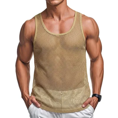 Wholesale Men's tank Tops Solid Big Fishnet Mesh Tank Top Ultra Breathable Summer Gym Beach Casual Vest Men Sleeveless Shirt