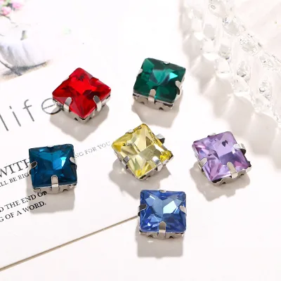 Wholesale 8mm 10mm Glass Sew on Rhinestone with Claw Setting , Garments Accessories Square Sew on Crystal Rhinestone for Dress