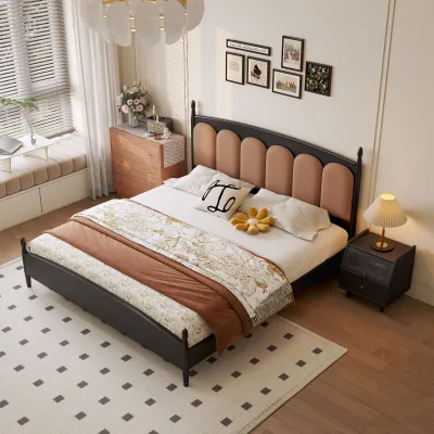 French Bed Solid Wood Frame Soft Leather Cover Bed 1.8m Double Storage American Type 1.5m Homestay Vintage Bed