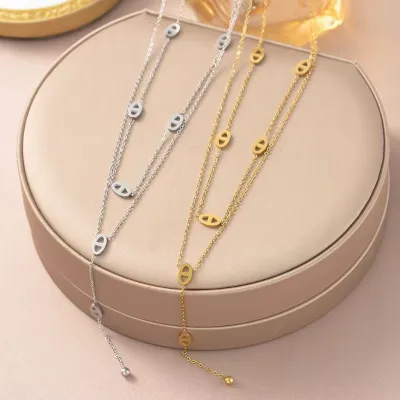 Stainless Steel Double Layer Initial Necklace Coffee Bean Link Long Layered Necklace Personalized Jewelry Wholesale