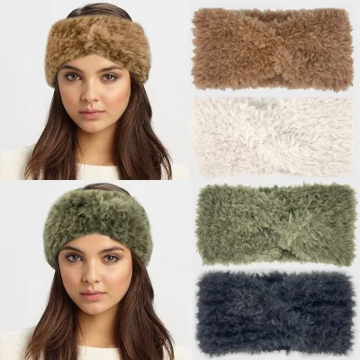 Winter Wide Plush Headband for Women Winter Ear Warmer Stretchy Plush Cross Turban Hair Styling Tools
