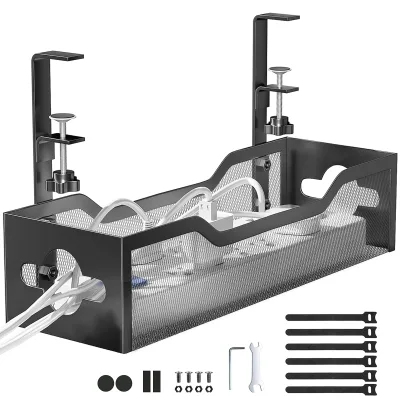 Under Desk Cable Management Tray No Drill, Metal Mesh Cable Management Under Desk with Clamp Mount, 2 Hole Cable Tray