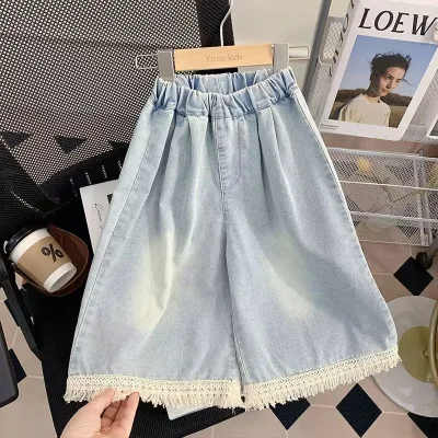Girls Korean-style Denim Straight-Leg Long Pants Summer New Design Fringe Distressed White Wide-Leg Trousers