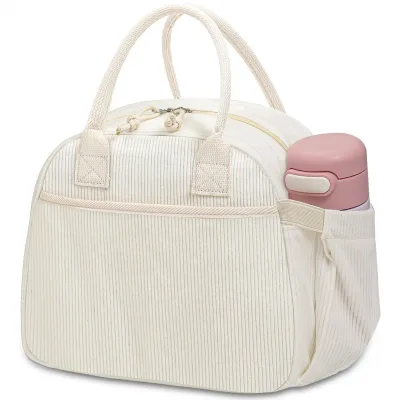 Korean Style Corduroy Lunch Tote Bag Large Capacity Insulated Cooler Bag With Side Pocket for Water Bottle School Outdoor