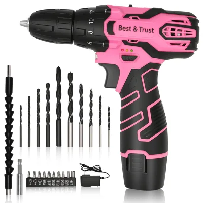 Pink 12V Cordless Drill Kit 25pcs Accessories Household Hand Drill 1.5Ah Battery 10mm Chuck Screwdriver Bits DIY Power Tools