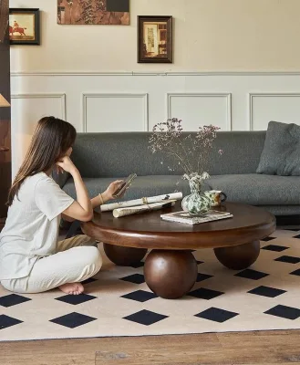 Vintage French Solid Wood Round Coffee Table Wabi-Sabi Artistic Low Table for Small Living Room and Lounge Area
