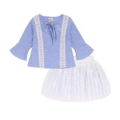 Autumn Children's Casual Long-Sleeved Plaid Top and Lace Skirt Suit 2T Size Girls' Two-Piece Set with Hollow Skirt