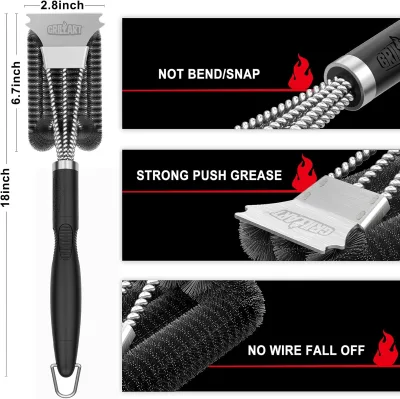 Factory Wholesale Heavy Duty Three-Headed BBQ Grill Brush Stainless Steel Grill Cleaning Brush Non Slip Handle Outdoor Barbecue
