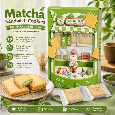 Matcha Cream Square Sandwich Biscuits Crispy Green Tea Filled Cookies Bulk Wholesale OEM Private Label Custom Packaging Supply