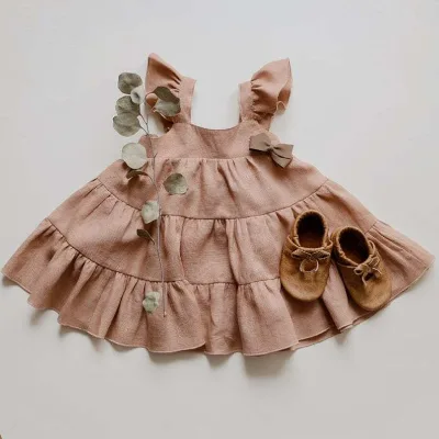 2024 New Casual Style Girl Linen Cotton Dress Children's Solid Dress
