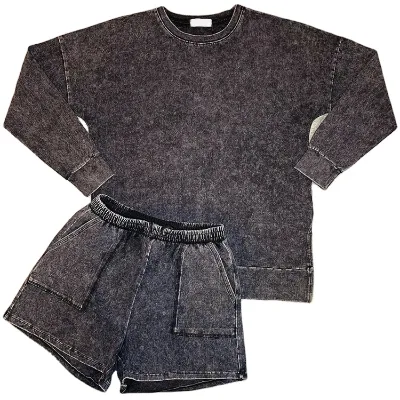 Custom High Quality 2 Piece Sun Faded Acid Wash Sweat Suit Tees Sweatshirt t Shirt and Shorts Set Men
