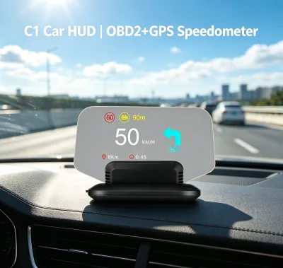 2026 Latest C1 Car HUD OBD2+GPS LCD Navigation Speedometer Over-Speed Alarm Glare Shield TPMS Support Universal Cars