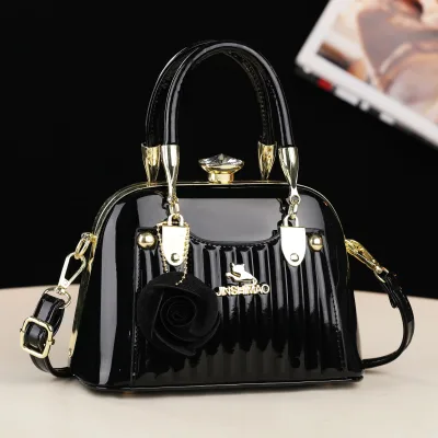 Floral-decorated Tote Bag Metal Buckle Shell Shape Womens Striped Crossbody Bag Fashionable Versatile