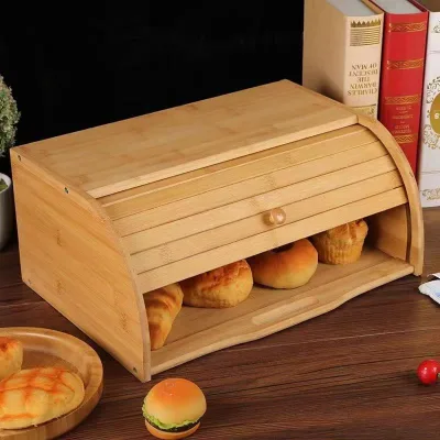 Modern Eco-Friendly Multifunction Bamboo Bread Box with Flip Top Lid Circular Arc Shape for Kitchen Countertop Storage