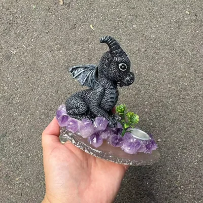 Amethyst Agate Slice Carved Black Dragon Crystal Craft Candle Holder Gemstone Home Decor Healing Stones