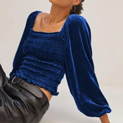2023 Popular Design Sense French Top Elegant Elegant Long Sleeve Crop Top Women's T-shirt Suede Bottom Velvet Shirts