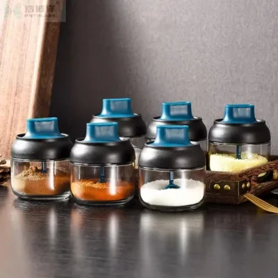 Customization Glass Seasoning Jar Kitchen Storage Organization Container Condiment Bottle Spice Glass Jar with Spoon Oil Brush