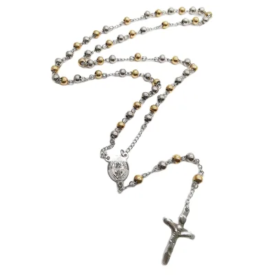 DUYIZHAO 6mm Stainless Steel Beaded Rosary Necklace Cross Gold Silver Vintage Men's Jewelry Claw Setting Technique Anniversary