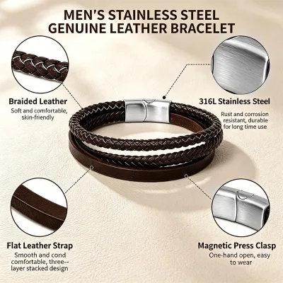 Forever Season New Arrival Men Triple Layer Braided Leather Bracelet 316L Stainless Steel Genuine Leather Bracelet Wholesale OEM