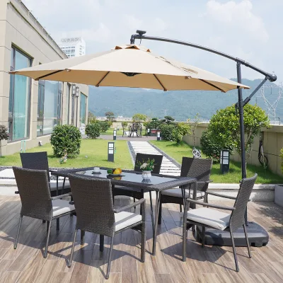 Modern Aluminum Alloy Banana-Shaped Outdoor Sunshade Umbrella with Plastic Base 1.5m Radius Waterproof Anti-UV Eco-Friendly