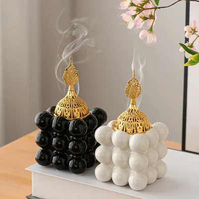 Modern Square Incense Burner, Ceramic Cube Golden Incense Burner, Middle Eastern Arabic Festival Aromatherapy Stove Ornament