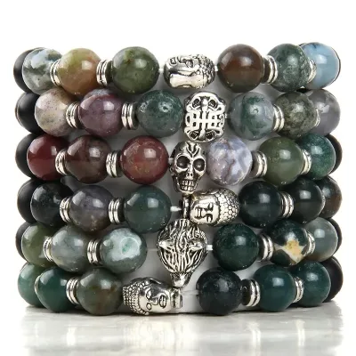 Religious 10mm Black Stone lava Indian Agate tiger Eye Bracelet Alloy Skull Wolf Buddha Head Bracelet for Men