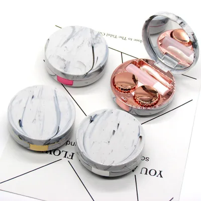 JAYQI Round Fashion Marble Contact Lens Case, Portable Contact Lens Box Kit with Mirror