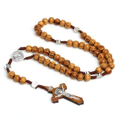 Hot Selling Handmade Wood Cross Catholic Rosary Necklace Wooden Rosary Necklace Cross Religious Jewelry