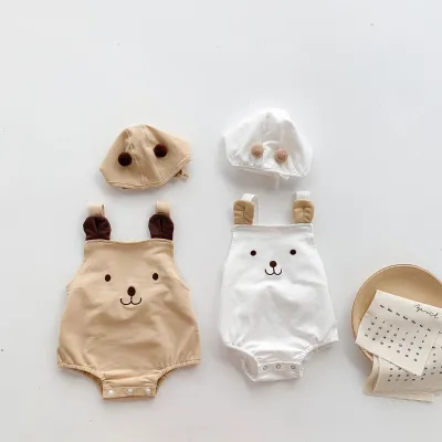 Summer 2025 New Baby Boys and Girls Cute Bear Sleeveless Strap Bag Romper Baby Suspender Romper 2-piece Set