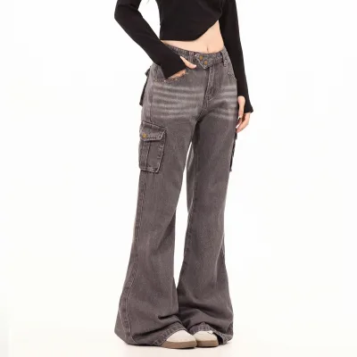 Retro Regular Flared Denim Jeans Men Women Washed-in Distressed Mid Rise Breathable Quick Dry Summer Cargo Pants