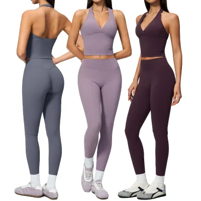 Women Backless Sports Bra Vest Tight Yoga Pants Set High Elastic Slim Fit Daily Workout Pilates Gym Fitness Active Wear