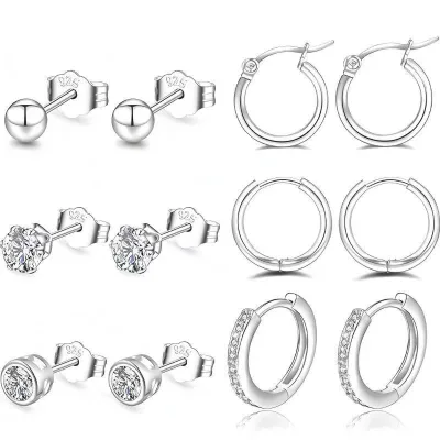 Fashion Stainless Steel Silver Plated Trendy Minimalist Zircon Inliad Stud Earring for Small Unique Women Jewelry Set
