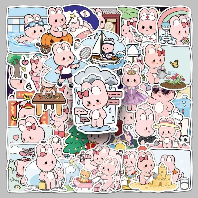 51pcs Factory Direct Sale Cute Cartoon Healing Decorative Original Pink Rabbit Daily Custom Vinyl Sticker for Phone Case