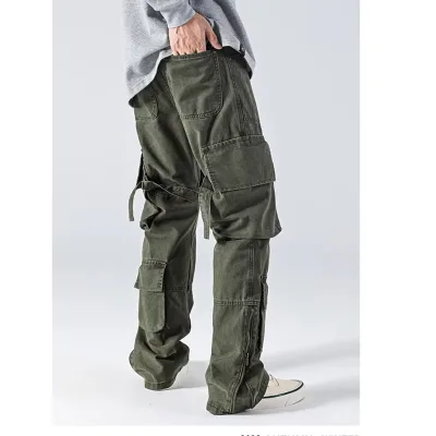 Men's 100% Cotton Straight Leg Workwear Cargo Pants High Street Multi-Pockets Strap Baggy Loose Fit Casual Tactical Parachute 3D