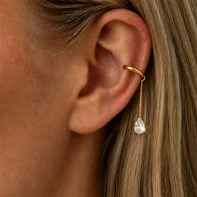 Simple C Shaped Stainless Steel Non Piercing Ear Cuffs for Women Light Luxury Water Drop Zircon Tassel Drop Ear Clips