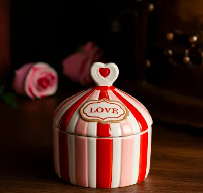 Red Pink White Striped Cookie Jar with Love Board and Heart Decor Lid Containers Ceramic Storage Jar Candle Empty Jar