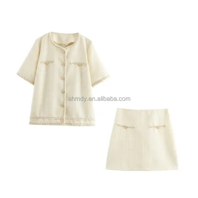 Short Sleeve Single Breasted Crop Top Buttons up Mini Skirt Casual Women 2 Piece Set