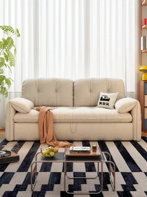 KD-377 Modern Metal 2-Seater Beige Fabric Sofa Bed Pull-Out Pockets Adjustable Height Eco-Friendly for Bedroom Living Room Use