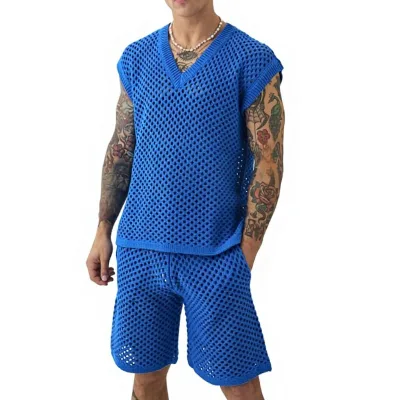 New Arrival Hot-Selling European-American Style Casual Patchwork 100% Bamboo Fiber Sleeveless Hollow-Out Knitted Men's Set