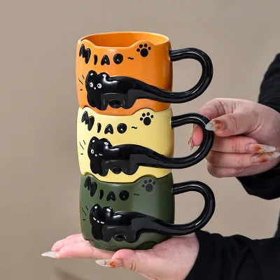 Creative Ceramic Coffee Cup with Handle Cats Stacked Design for Household Party Cartoon Style Serving Water Drinks to Guests