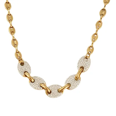 Stainless Steel 18K Gold Plated Chunky Oval Link Necklace with Crystal Paved Front Accents Statement Coffee Bean Chain Jewelry