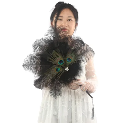 Wedding Vintage 1920s Ostrich Feather Fan and Peacock Feather Bridal Feather Bouquet