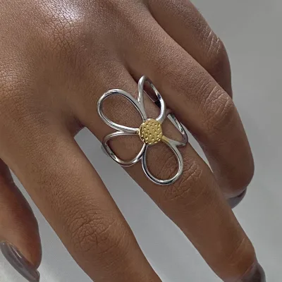 Stainless Steel Gold and Silver Color Block Hollow Flower Design Retro Creative Light Luxury Adjustable Open Ring