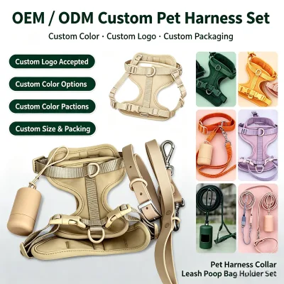 OEM ODM Custom Dog Harness Set, Waterproof PVC Pet Collar Leash Poop Bag Holder, Wholesale Adjustable Pet Walking Kit