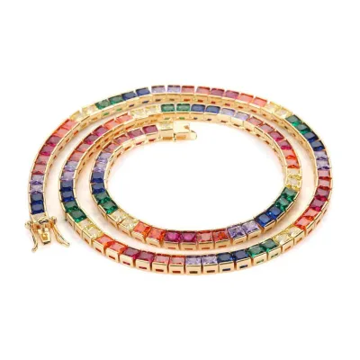 Fulsun Brass Channel Set Rainbow Rectangle Zircon Tennis Bracelet Gold Tone Colorful Sparkly Link Chain Unisex Hip Hop Jewelry