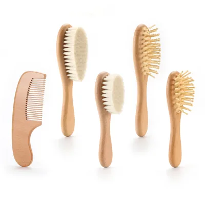 Wholesale Natural Bamboo Eco-friendly Baby Hairbrush Sets Kids Hair Comb Scalp Massage Dry Wet Use Hair Care Cleaning Comb Kit