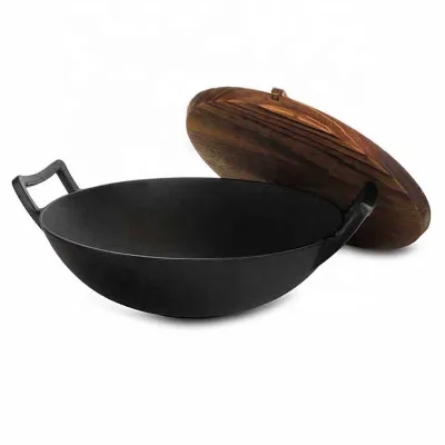 Nonstick Pre-seasoned Cast Iron Wok With Flat Base With Lid