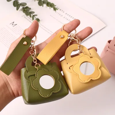 Cosmetics Cute Mini Pu Leather Bag Keychain With Flower Mirror Earphone Storage Bag Case