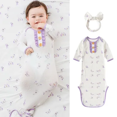 OEKO-TEX Certified Bamboo Baby Ribbed Knotted Gown Set Organic Infant Sleeper Newborn Gift with Matching Headband